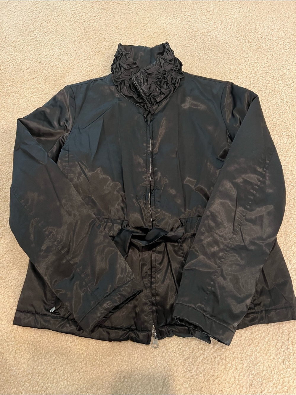 Love Moschino Black Lightweight Jacket with Ruffle Stand Collar and Tie Waist
